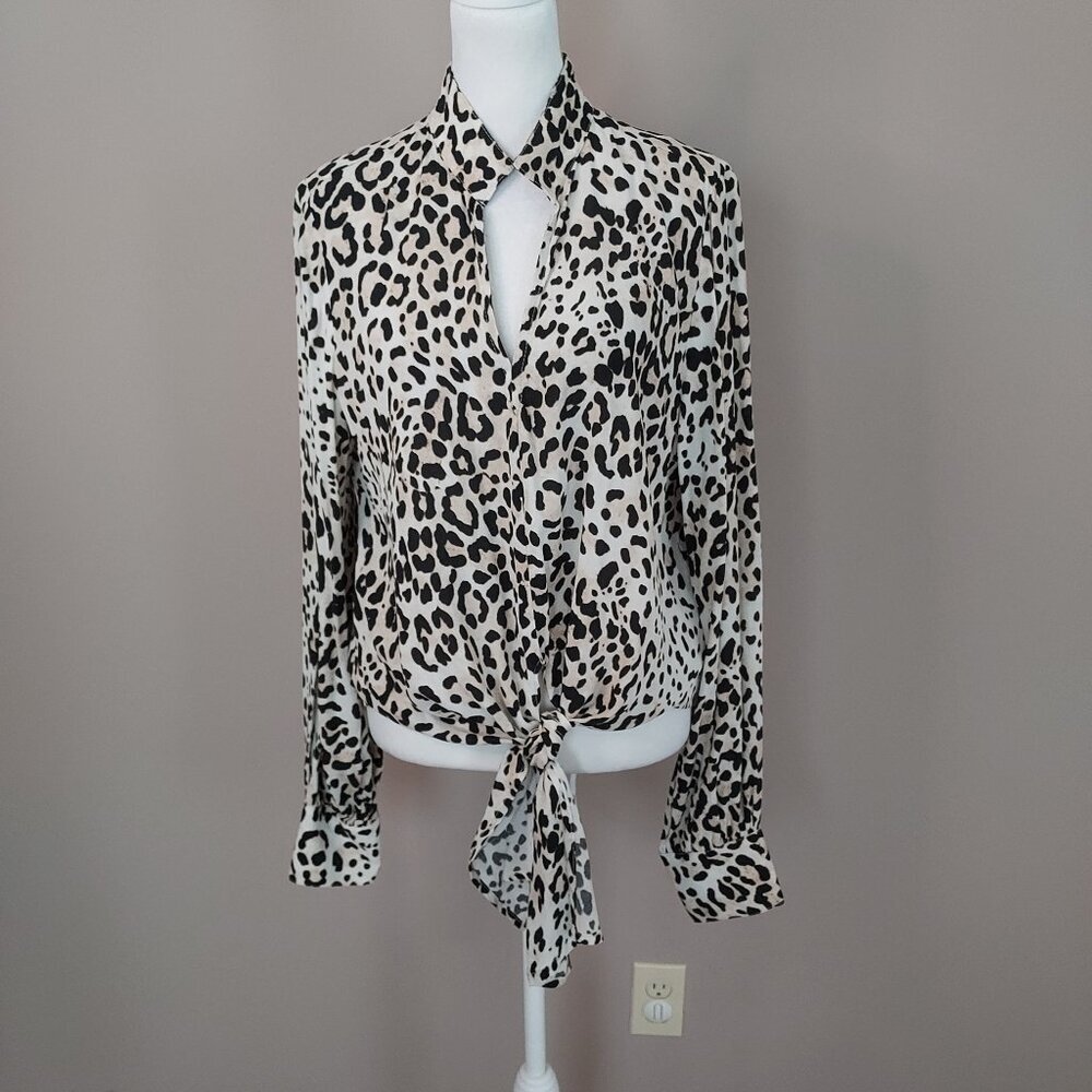 Karen Kane Animal Print Tie Front Long Sleeve Blouse Size Med